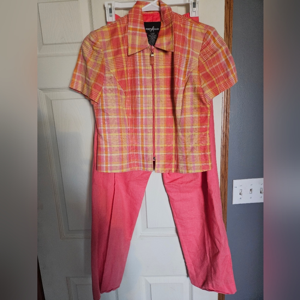 Positive Attitude Retro Plaid Yellow and Pink Zip-Up Top with Pink Pants Set